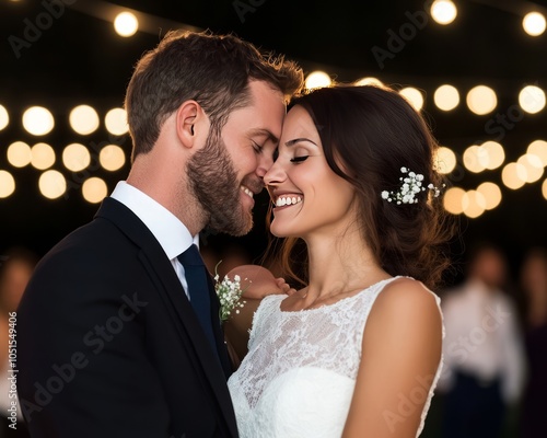 A joyful couple sharing a romantic moment at their wedding celebration.