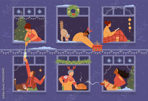 Christmas banner with people in windows celebrating flat vector illustrations. House front with neighbors and their pets in windows communicating. Pouring champagne, giving gift, reading book, cooking