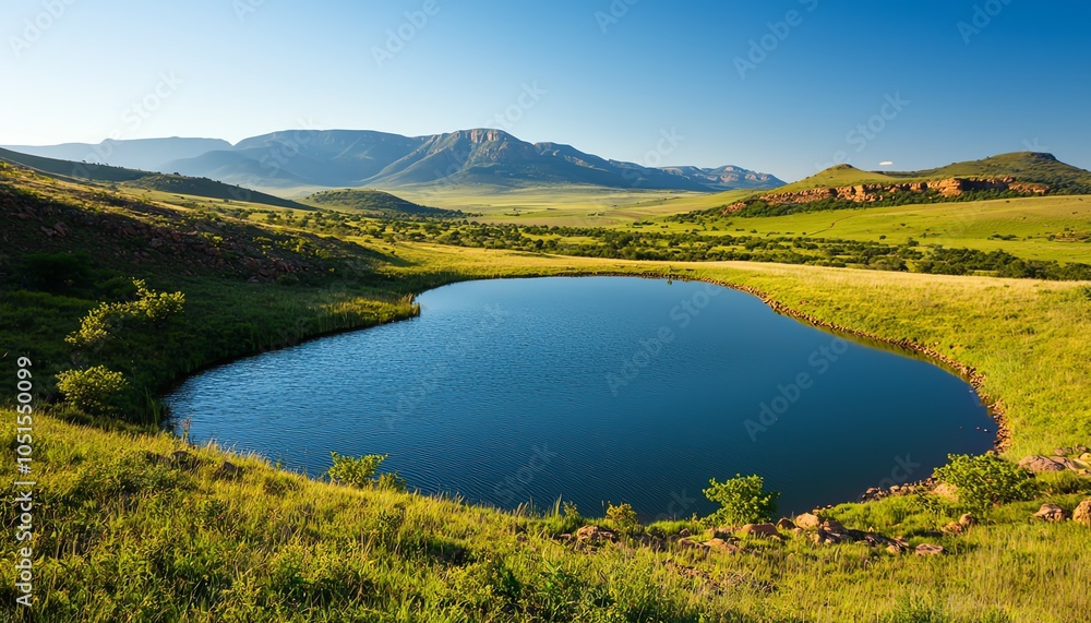 Serene lake surrounded by lush greenery and majestic mountains under a clear blue sky. Serene lake surrounded by lush greenery and majestic mountains under a clear blue sky.