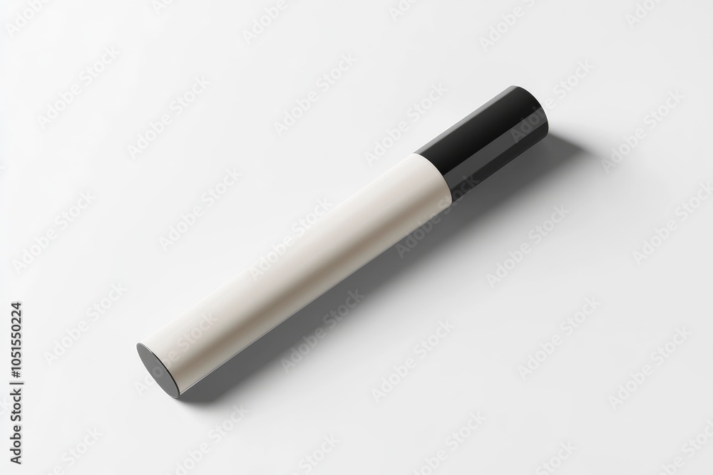 A simple white tube with a black cap on a white background. A simple white tube with a black cap on a white background.