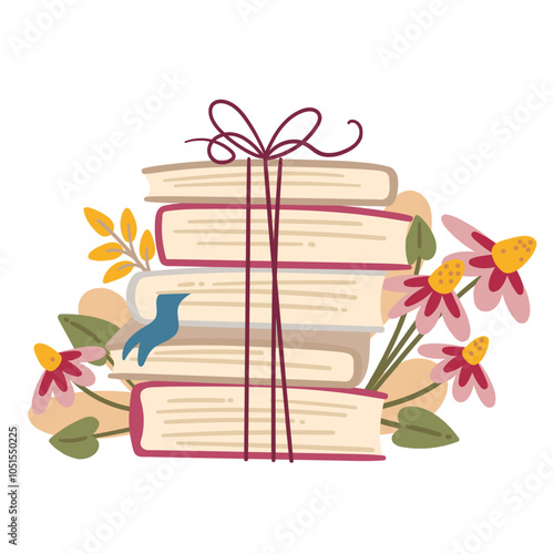 Big books stack tied with yarn and bow, cartoon summer or spring field flowers. Funny wild bouquet and literature pile. Gift, bookcrossing mascot, cartoon books and floral decor vector illustration