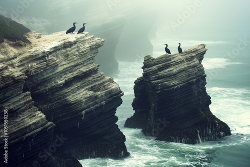 Foggy coastal landscape at Montana de Oro State Park, California, showcasing rugged rock formations with perched cormorants. Waves crash gently around the rocks, creating a serene, ethereal scene.

