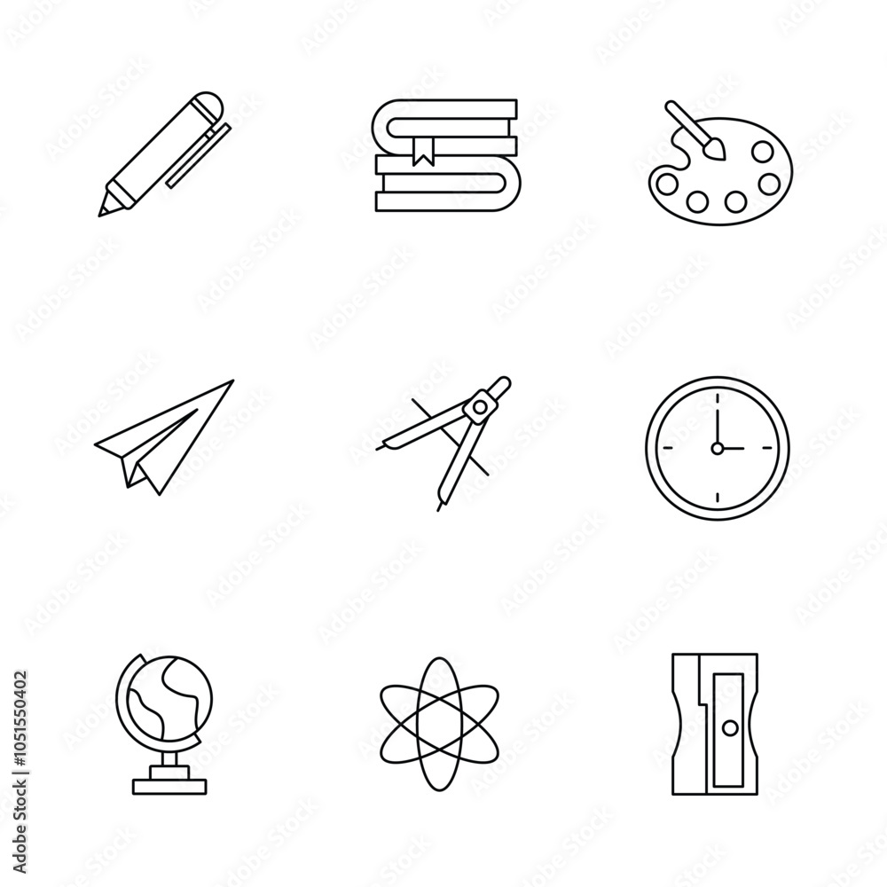 Fototapeta premium Vector School Elements Set of Lineart Icons for Educational Illustrations