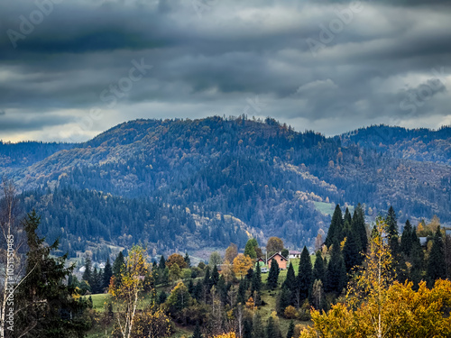 The landscape of Carpathian Mountains in the cloudy weather. Perfect weather condition in the autumn season