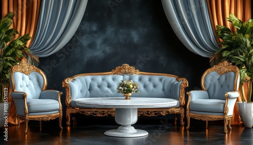 Elegant Living Room with Gold-Trimmed Furniture and Curtains