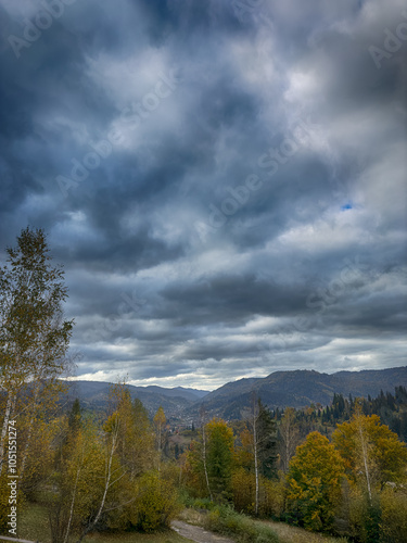 The landscape of Carpathian Mountains in the cloudy weather. Perfect weather condition in the autumn season