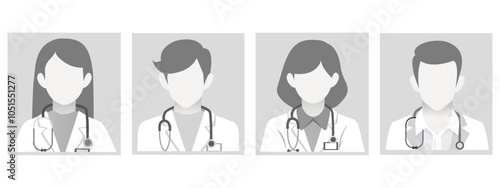 Default placeholder doctor profile icons. Grey Nurses and professional medical staff avatars. Healthcare man and woman profile images for blogs, forum, online medical consulting or instant messengers.