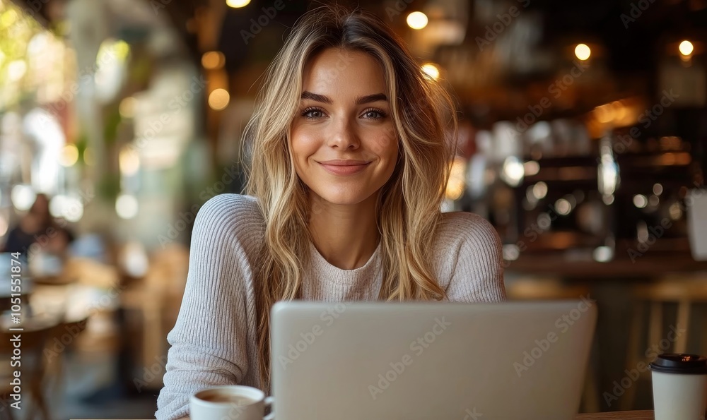 Happy businesswoman working on laptop in a cafe, enjoying coffee and feeling productive, Generative AI Happy businesswoman working on laptop in a cafe, enjoying coffee and feeling productive, Generative AI