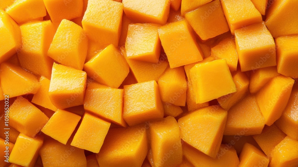 A surface filled with tightly packed mango cubes and slices, their warm orange and yellow tones creating a sun-soaked texture. A surface filled with tightly packed mango cubes and slices, their warm orange and yellow tones creating a sun-soaked texture.