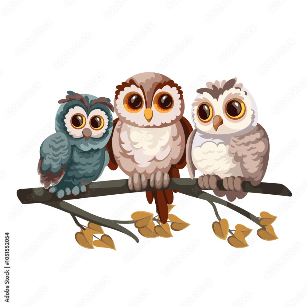 Obraz premium Cute cartoon little owls family sitting on autumn tree branch. Funny happy adorable forest birds perching. Wild animal, nature, woodland mascot, cartoon baby owls with big eyes vector illustration
