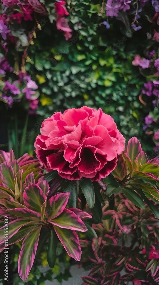 Fototapeta premium Pink flower in bloom with darker edges surrounded by colorful leaves