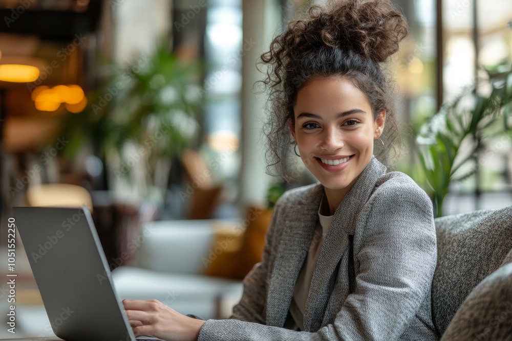 Happy young businesswoman using a laptop in a lobby, Generative AI Happy young businesswoman using a laptop in a lobby, Generative AI
