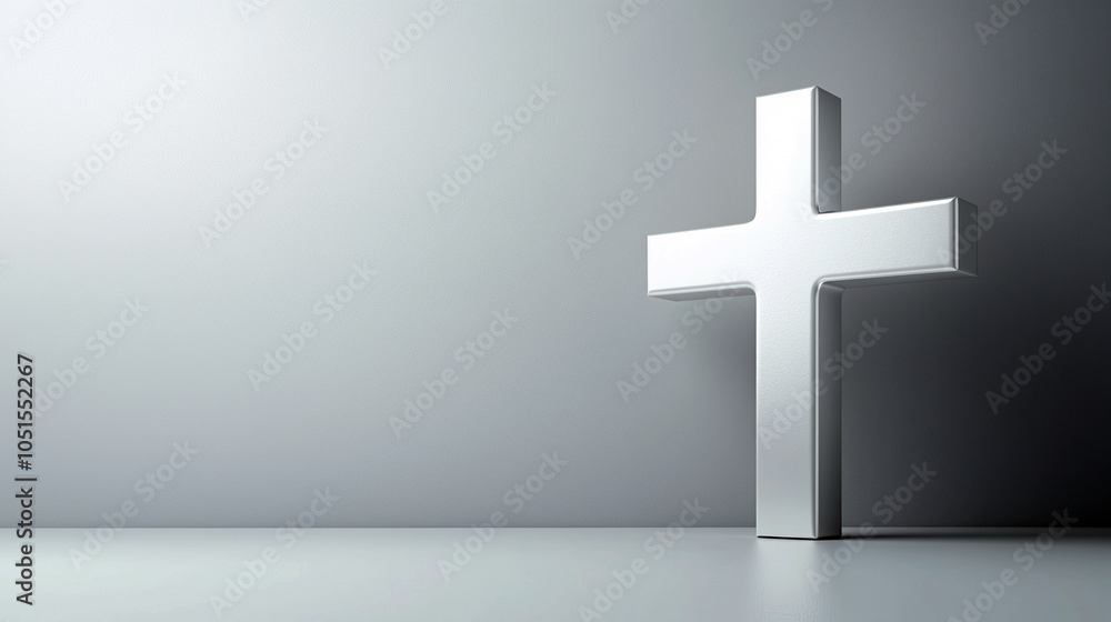 Minimalist white cross on light gray background Minimalist white cross on light gray background