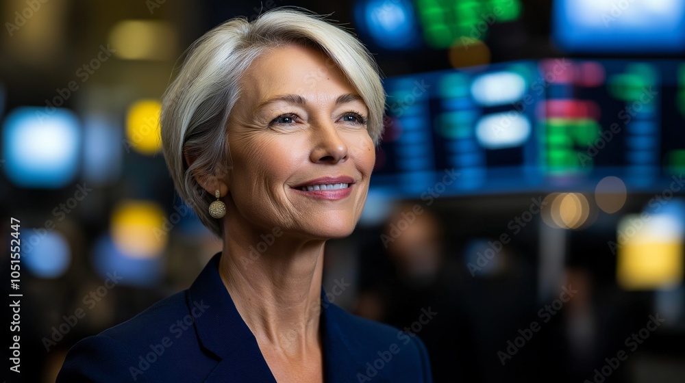 Obraz premium A successful CEO smiling confidently in a bustling corporate environment, surrounded by digital stock tickers, showcasing leadership and ambition during a busy trading day