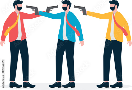 Two businessmen pointing guns at each other, concept of war and conflict, standoff, not giving each other

