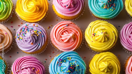 A tightly packed spread of colorful cupcakes with swirled frosting and sprinkles, filling the frame with bright, sugary textures.