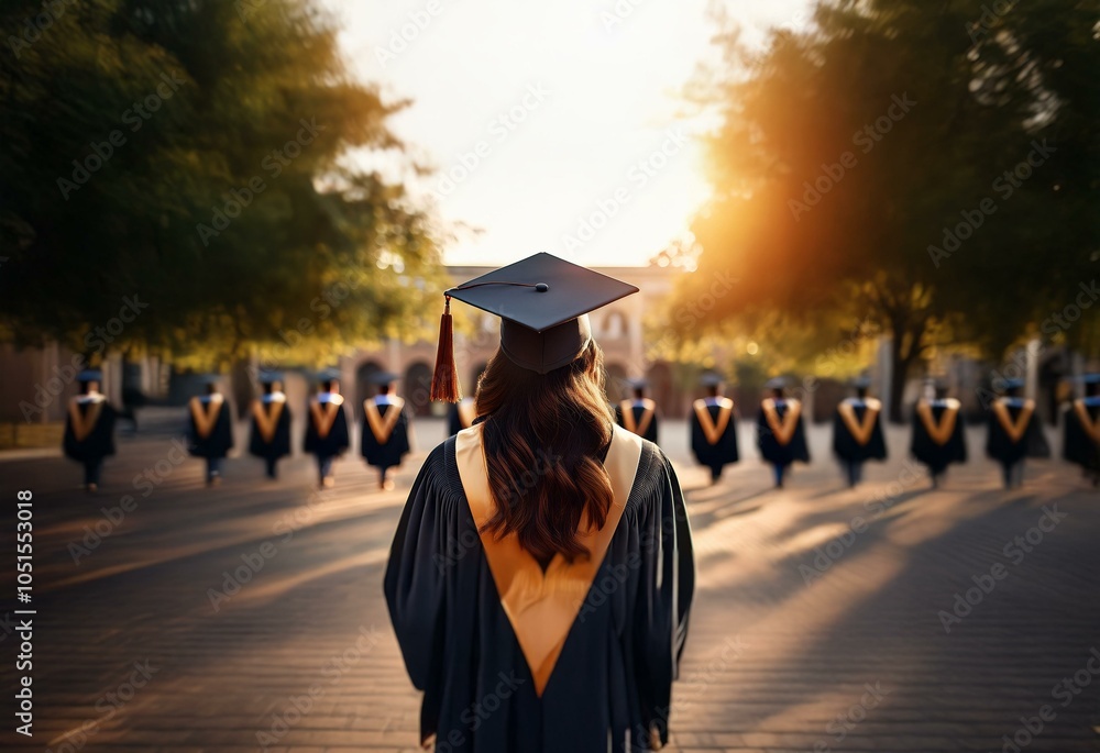 A lone graduate in a black cap and gown walks towards the sunset while others walk ahead, surrounded by trees and a brick building in the background. A lone graduate in a black cap and gown walks towards the sunset while others walk ahead, surrounded by trees and a brick building in the background.