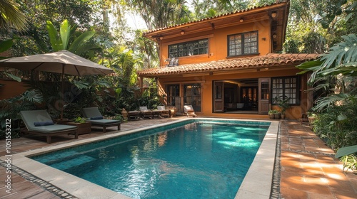 Serene poolside retreat in a lush tropical setting.