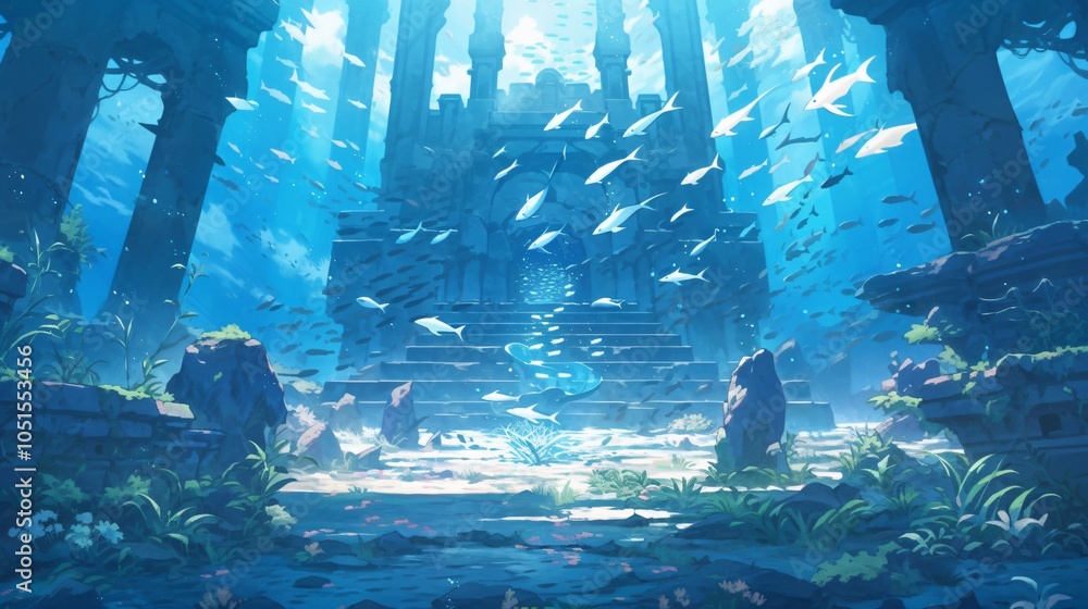 Fototapeta premium water temple a temple submerged underwater in ancient and colorful anime style