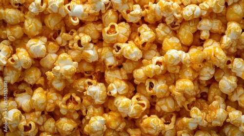 A surface densely covered with caramel popcorn, filling every inch of the frame with its golden-brown, crunchy texture and sweet, sticky coating.