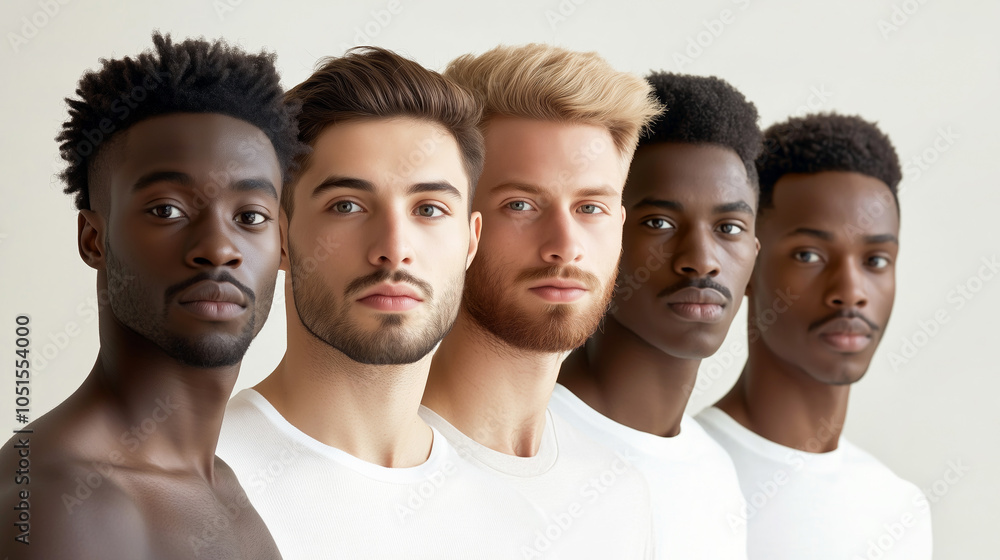Obraz premium Portrait of five diverse men with confident expressions in minimalist setting