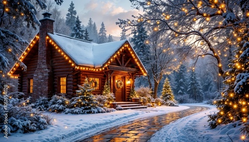 "Cozy Log Cabin in a Winter Wonderland with Twinkling Christmas Lights"