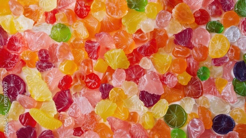 A seamless spread of assorted fruit-flavored candies, tightly packed together to fill the entire frame with their bright, colorful wrappers and sugary textures.