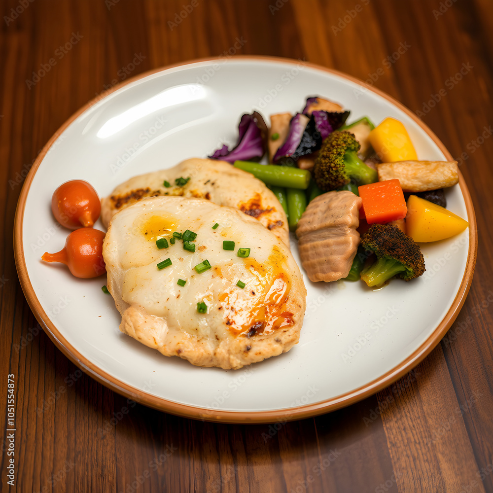 A plate of food that has chicken and vegetables on it A plate of food that has chicken and vegetables on it