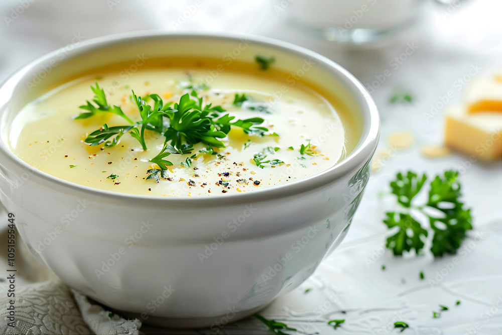 Herb and almond soup with cheese in a white ceramic bowl-1 (2) Herb and almond soup with cheese in a white ceramic bowl-1 (2)