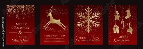 Merry Christmas and Happy New Year greeting card templates with golden glittering toys, snowflake and deer on a red background.
