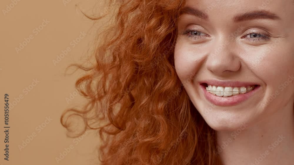 A young woman with vibrant curly red hair gazes softly, displaying a warm smile. The backdrop is a soothing orange hue, creating a relaxed and inviting atmosphere.