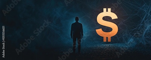 Silhouette of a businessman standing in front of a dollar symbol against a dark background, representing financial success and investment.