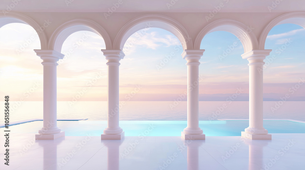 Fototapeta premium Serene ocean view through elegant arches at sunset with peaceful reflection pool