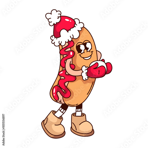 Groovy hotdog cartoon character holding snowball. Funny hot dog with ketchup, red winter hat and mittens. Christmas games, fast food mascot, cartoon hotdog sticker of 70s 80s style vector illustration