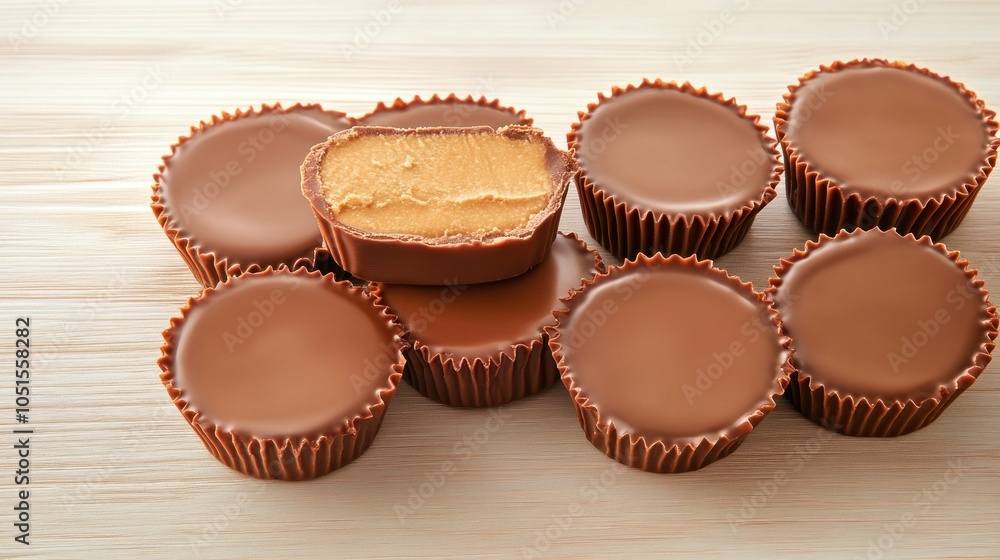Delicious Peanut Butter Cups on Wooden Surface Delicious Peanut Butter Cups on Wooden Surface