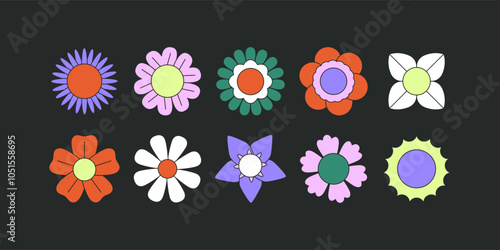 Groovy abstract flowers. Cute floral psychedelic daisies, contemporary colorful trippy simple naive daisy plants. Vector flat set