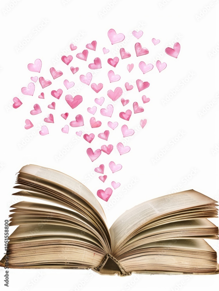 The image shows an illustration of an open book with pink hearts rising from its pages. The image shows an illustration of an open book with pink hearts rising from its pages.