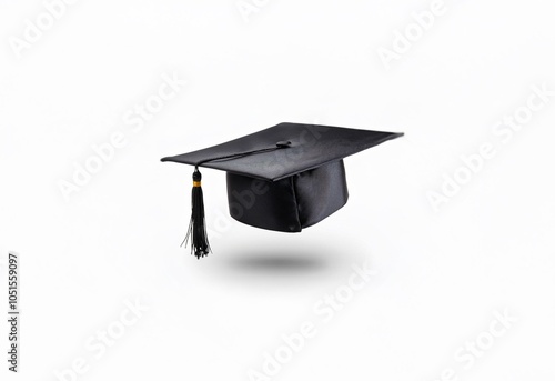 A black graduation cap with a black tassel with a gold accent against a white background. photo