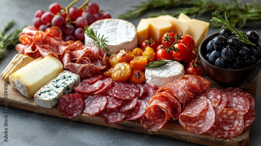 A beautifully arranged charcuterie board featuring meats, cheeses, fruits, and herbs. A beautifully arranged charcuterie board featuring meats, cheeses, fruits, and herbs.
