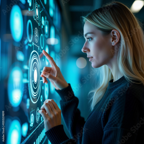 A focused woman interacts with a futuristic digital interface, highlighting her engagement with advanced technology. Perfect for tech articles, user experience design, and innovation showcases
