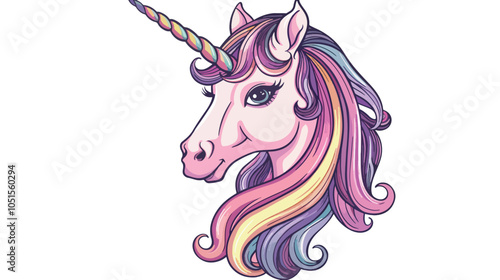 Pink unicorn head with rainbow mane and horn isolated on white background. Vector illustration 