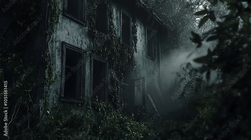 A dark, abandoned house with broken windows and overgrown vines, with ghostly apparitions visible through the misty air A dark, abandoned house with broken windows and overgrown vines, with ghostly apparitions visible through the misty air