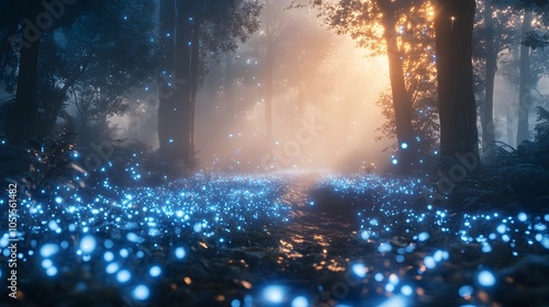 A Path Through a Forest Lit by Fireflies and Sunset