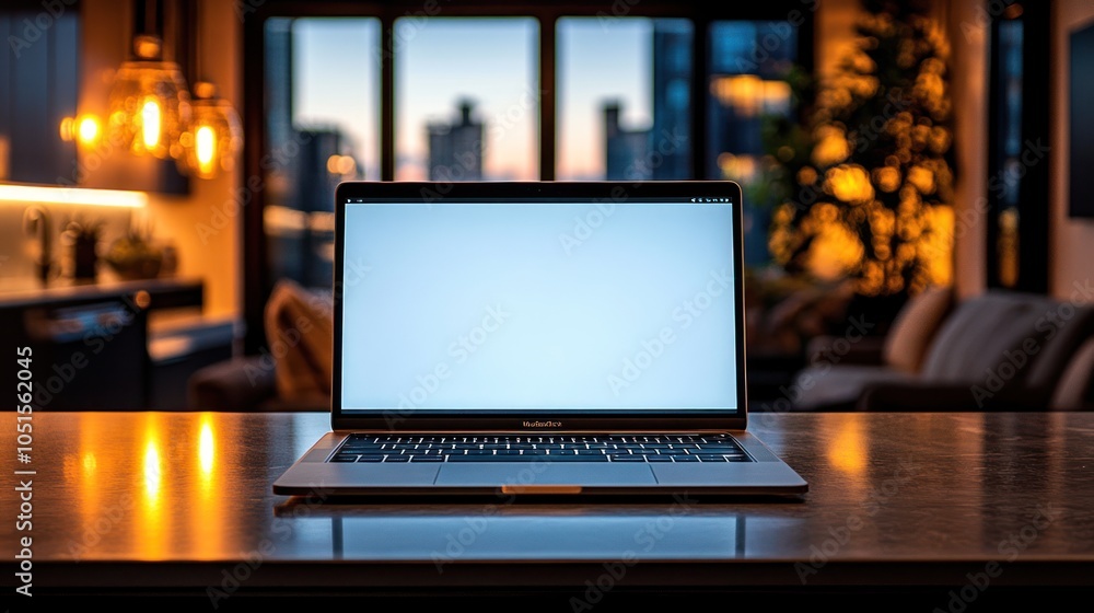 Laptop with Blank Screen on a Table with a View of a City Skyline Laptop with Blank Screen on a Table with a View of a City Skyline