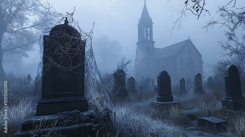 A surreal, haunting scene of an abandoned graveyard filled with cobweb-covered tombstones under a blanket of fog, with the dark outline of a historic churchyard visible in the distance.