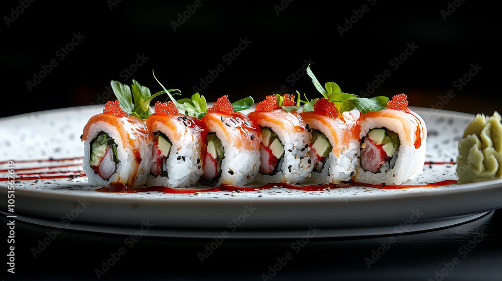 A plate of sushi with a red sauce on it A plate of sushi with a red sauce on it