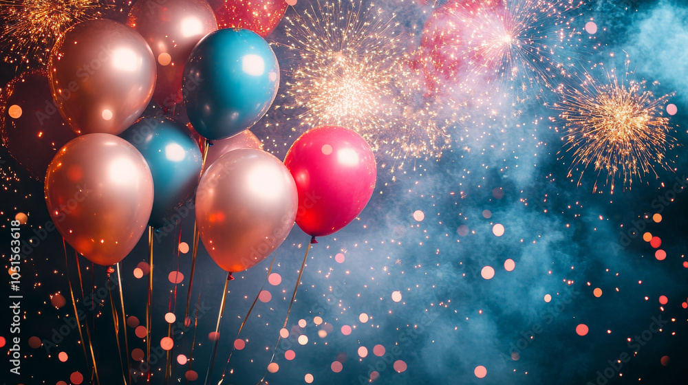 A bunch of balloons with fireworks in the background A bunch of balloons with fireworks in the background