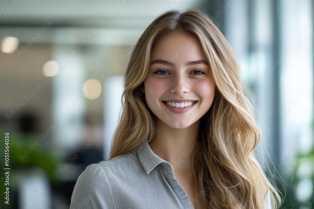 Cheerful young businesswoman smiling at the camera while sitting in an office lobby, Generative AI Cheerful young businesswoman smiling at the camera while sitting in an office lobby, Generative AI