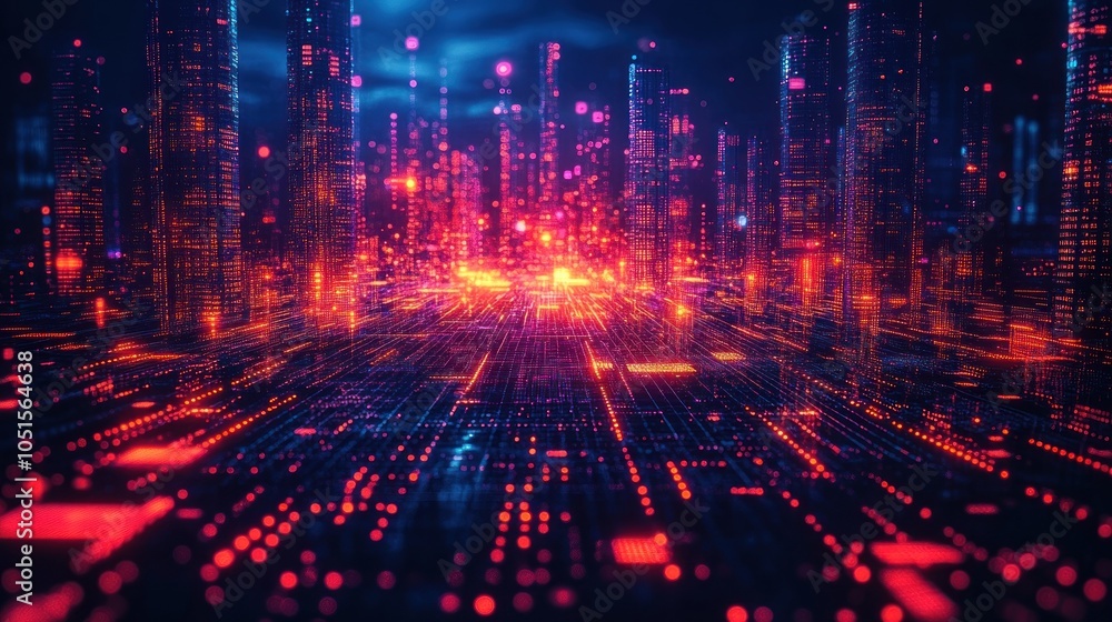 Obraz premium Futuristic cityscape with glowing data streams and digital elements.