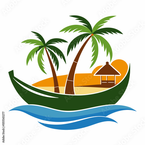 Canoe on river with palm tree silhouette vector illustration on white background